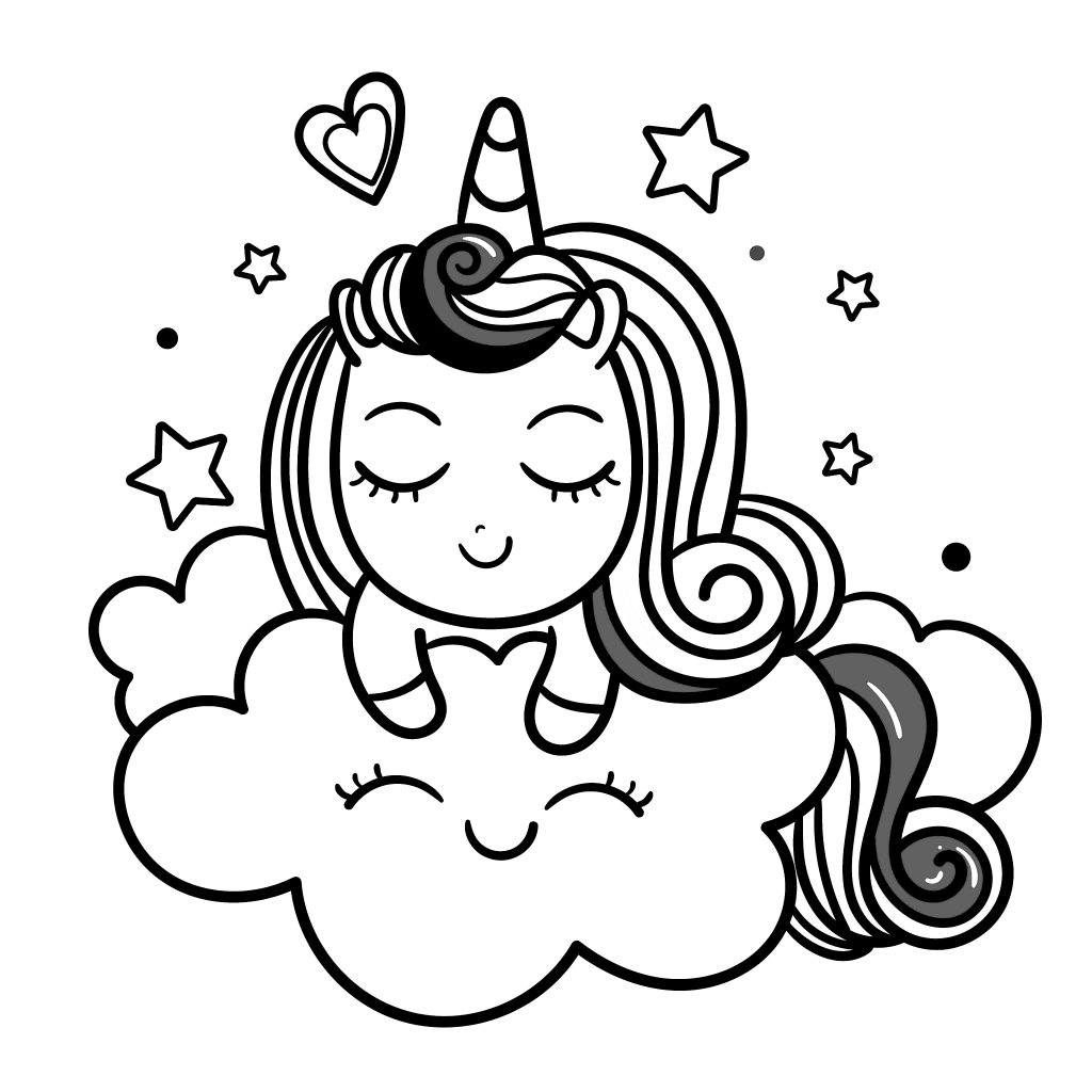 unicorn on a cloud cute smile coloring page