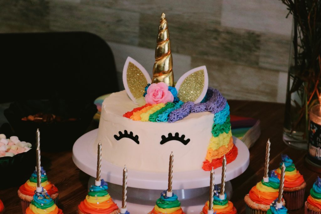 rainbowunicorn birthday cake and matching cupcakes